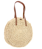 Round Soft Sided Woven Straw Shoulder Bag with Brown Straps