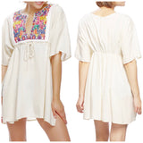 Embroidered Ivory Coverup / Beach Tunic with Tassel Tie & Waist Tie