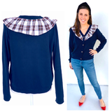 Navy Button Front Cardigan with Tartan Ruffle Contrast