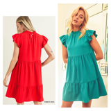 Jade or Poppy Red Flutter Sleeve Ruffle Hem Dress with Shirred Neckline & Keyhole Back