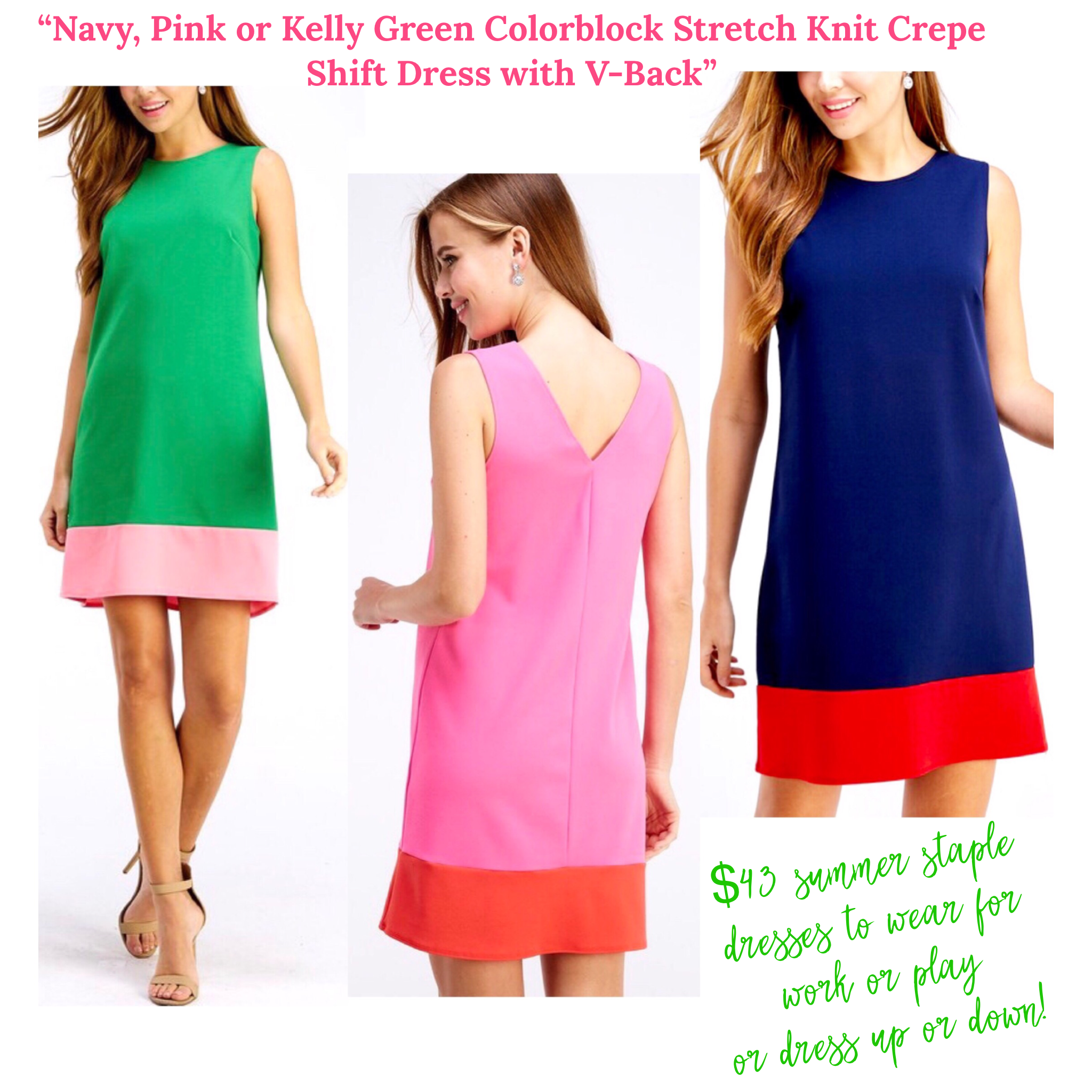 Navy, Pink or Kelly Green Colorblock Stretch Knit Crepe Shift Dress with  V-Back