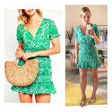 Green Floral Smocked Ruffle Hem Puff Sleeve Dress