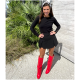 Red Leather 3” Hidden Wedge Heel Piper Boots with Buckle Detail