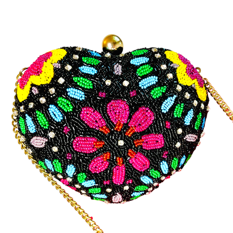 Hand Beaded Multicolor Heart Bag with Chain