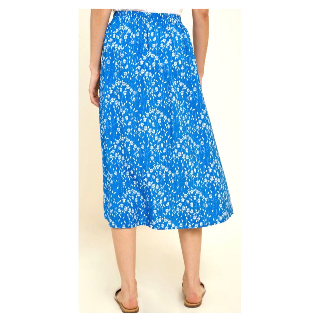 Cerulean Blue & White Floral Print A-Line Linen Blend Midi Skirt ...