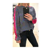Sapphire Blue Stripe Silky Blouse with Electric Pink Lace Sleeve Contrast