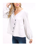 Natural Asymmetrical Button Suede Top with Balloon Sleeves & Pleated Back