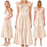 Ruffled Buffalo Check Cotton Piper Dress with Pockets