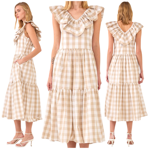 Ruffled Buffalo Check Cotton Piper Dress with Pockets