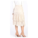 Ivory Lace Tiered Ruffle Hem Midi Skirt with Banded Waist