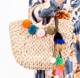 Pom Pom Tassel Straw Tote Handbag with Circle Handle