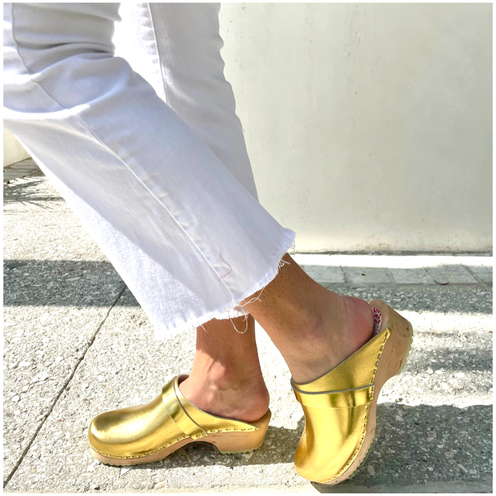 Gold Leather Malmo Clog with Gold Strap Wooden Heel with Rubber Sole Handmade in Sweden James Ascher