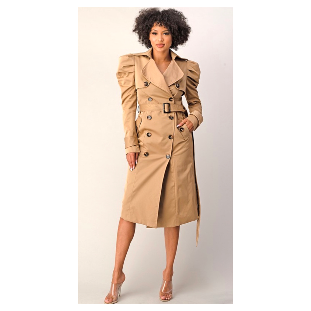 Camel Shirred Puff Sleeve Double Breasted Sophisticated Belted