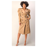 Camel Shirred Puff Sleeve Double Breasted Sophisticated Belted Trench Coat