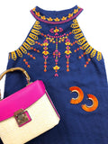 Azure Blue Sleeveless A-Line Dress with Vibrant Magenta & Deep Yellow Embroidery