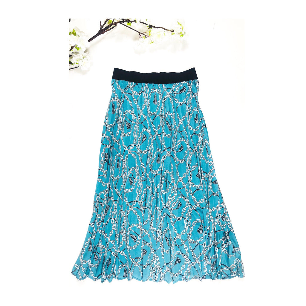 Aqua Pleated Chainlink Print Midi Skirt with Black Banded Elastic Waist ...