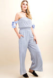 Navy Blue White Stripe Off the Shoulder Jumpsuit with Tie Sleeves