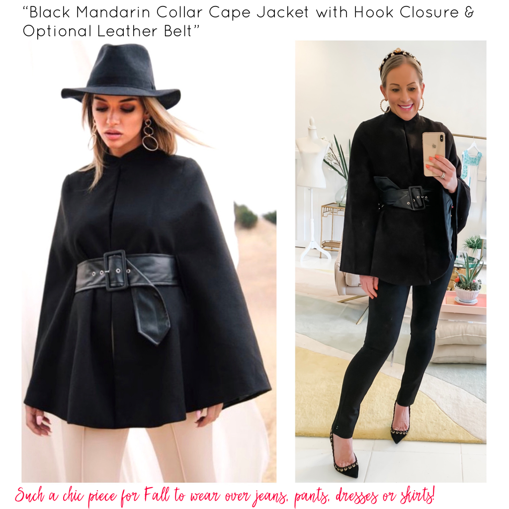 Black Mandarin Collar Cape Jacket with Hook Closure Black Mandarin Collar Cape Jacket with Hook Closure