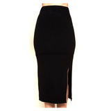 Black Medium Weight Stretchy Knit High Waisted Skirt with Side Slit