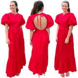 Red Organic Poplin Cotton Open Back Charlotte Dress