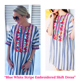 Blue White Stripe Embroidered Shift Dress