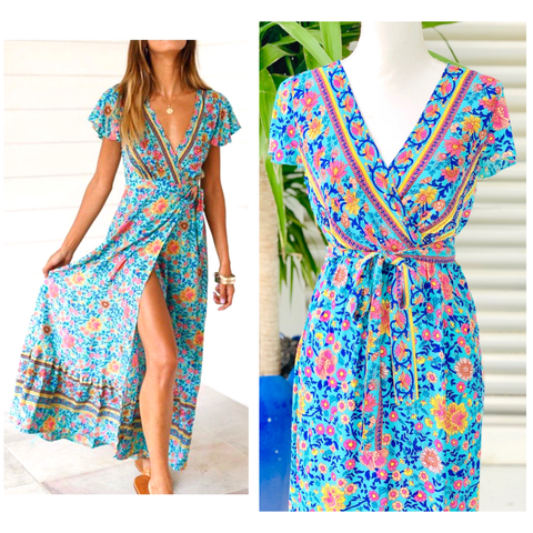 Turquoise & Pink Floral Print Short Sleeve Maxi Dress with Front Slit ...