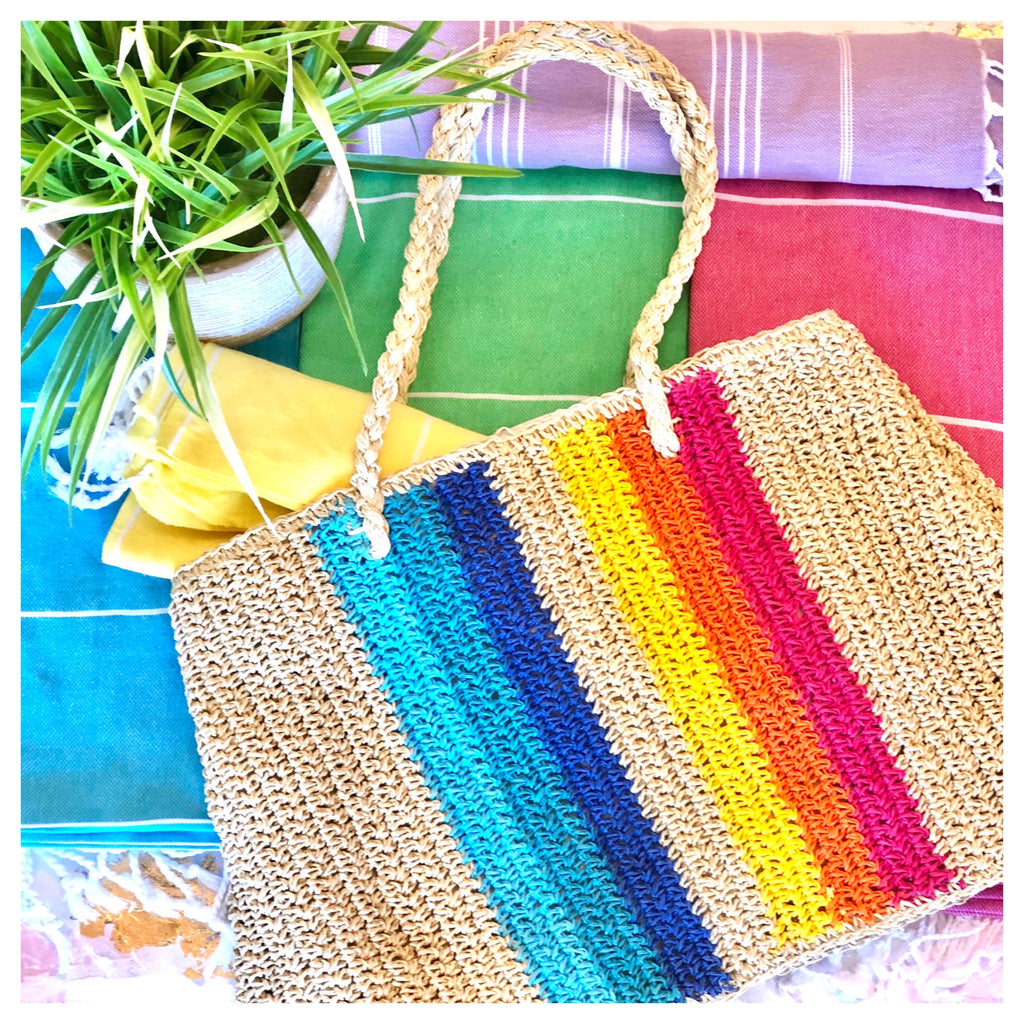 Rainbow Stripe Rattan Straw Knit Oversized Tote Bag - James Ascher