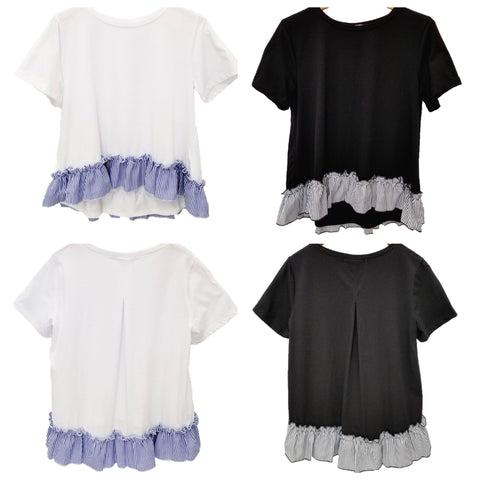 White OR Black Short Sleeve Top with Striped Contrast Ruffle Hem and Pleated Back
