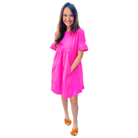 Poplin + Knit Contrast Ruffle Sleeve Wells Dress