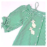 Green White Stripe Cold Shoulder Button Down 3/4 Sleeve Top with Tie Sleeves