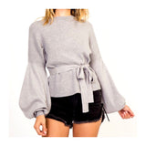 Heather Grey Contrasted Ribbed Knit Balloon Sleeve Top with Optional Belt