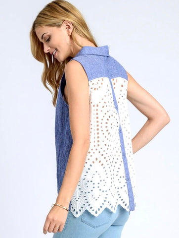 Blue Button Down Top with Eyelet Back