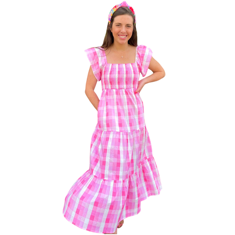 Pink Check Smocked Flutter Sleeve Bunny Dress