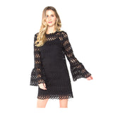 Black Crochet Lace Bell Sleeve Scalloped Hem Dress with Keyhole Back