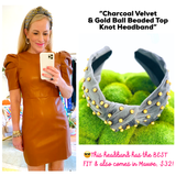 Charcoal Velvet & Gold Ball Beaded Top Knot Headband