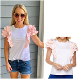 White Short Sleeve Top with Pink Ruffle Trim