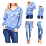 Blue Sweatshirt with Embroidered Flower Appliqué