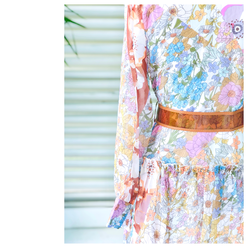 Designer Inspired Floral Tiered Ruffle Trim Flare Dress with Sheer Balloon Sleeves - James Ascher Designer Inspired Floral Tiered Ruffle Trim Flare Dress with Sheer Balloon Sleeves - James Ascher