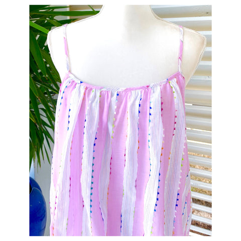 Lavender & Metallic Lurex Stripe Dress with Neon Yellow, Pink, Blue & Orange EMBROIDERED Fringe Trim