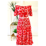 Red & White Floral Print Smocked Puff Sleeve Ruffle Trim Top with Tassel Tie