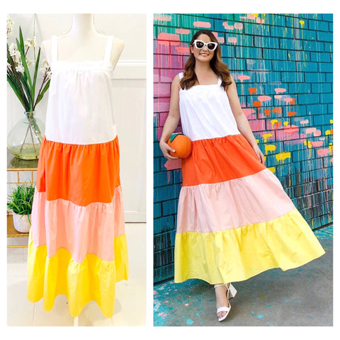 White Tangerine & Yellow Color Block Maxi Dress with Tiered Ruffle Hem & POCKETS