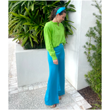 Turquoise High Waisted Wool Turn Up Hem Flared Fiona Pants, Made in Italy
