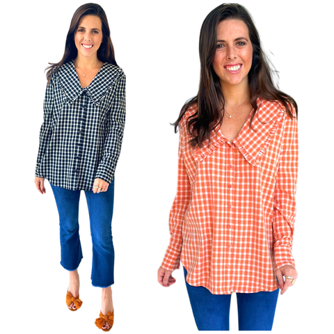 Black or Pumpkin Gingham Ruffle Lapel Autumn Top