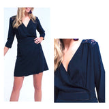 Navy 3/4 Sleeve A-Line Wrap Dress with Lace Shoulder Detail & Metallic Embroidery