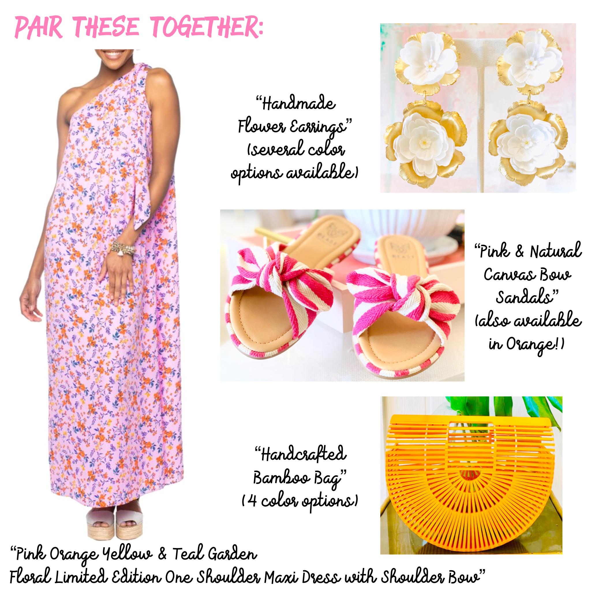 strapless open back dress Pink Orange Yellow & Teal Garden Floral Limited Edition One Shoulder Maxi  Dress with Shoulder Bow