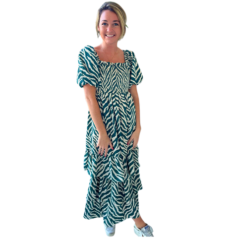 Emerald Puff Sleeve Smocked Eye of the Tiger Dress