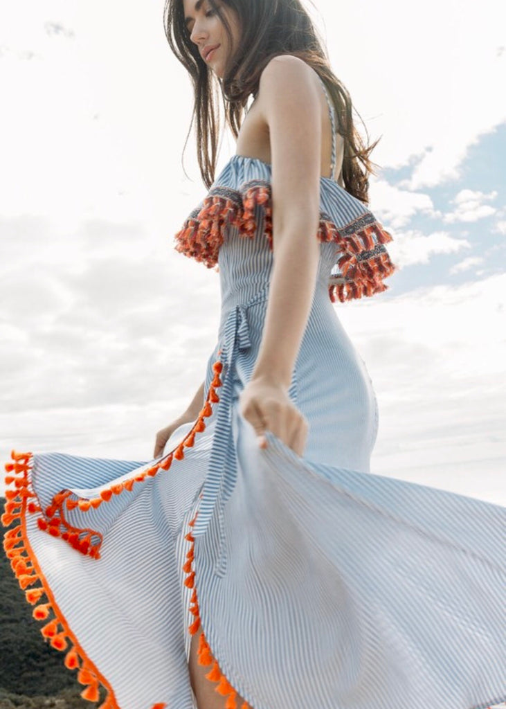 Blue Stripe Spaghetti Strap Maxi Dress with Orange Tassels - James Ascher Blue Stripe Spaghetti Strap Maxi Dress with Orange Tassels - James Ascher