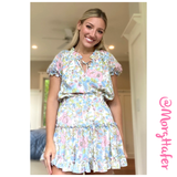 Designer Inspired Blue Pink Green Floral Ruffle High Low Hem Puff Sleeve Chiffon Dress