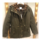 Olive Cinch Waist Utility Jacket with Leopard Fur Hood Lining & Quilted Interior Lining