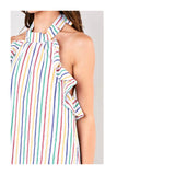 Rainbow Stripe Woven Ruffle Halter Dress with Open Ruffle Back